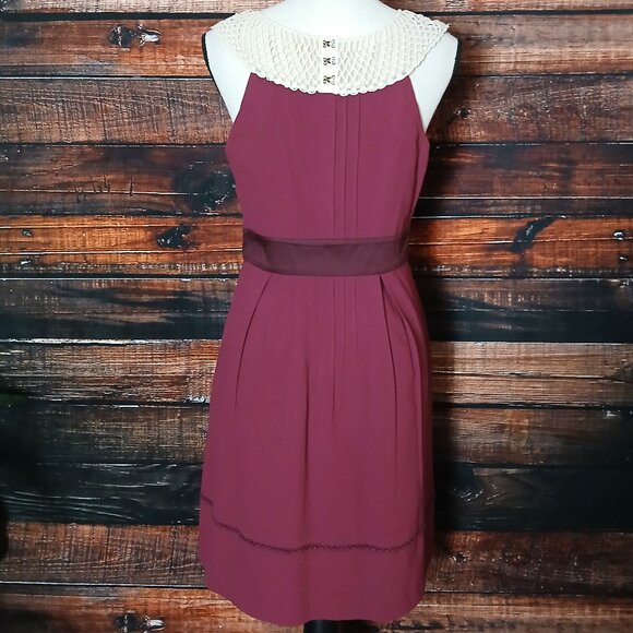 Floreat Anthropologie Dress 6 Retro Raspberry Crochet Yoke Collar Pockets - Picture 4 of 12